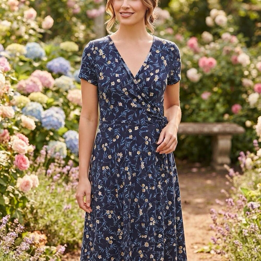 Kaileigh Womens Plus XXL Navy Floral V-Neck Cap Sleeve A-Line Knee Dress Stretch